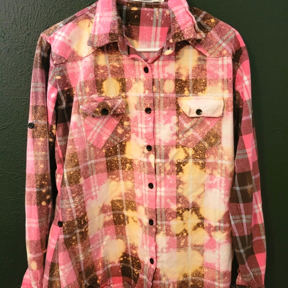 Bleached, Distressed, Printed, Ladies Large Long sleeve flannel.